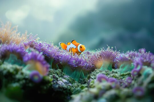 A vibrant clownfish nestled amongst purple anemones in a clear blue aquarium, creating a captivating underwater scene.