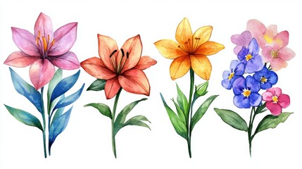 A collection of spring flowers drawn by hand, isolated on a transparent background