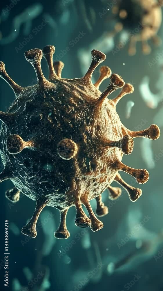 Poster microscopic view of a virus showcasing intricate surface structures and organic forms in a dark back