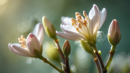 Fototapeta premium Delicate white flower, buds, illuminated by soft light, creating a dreamy, nature scene