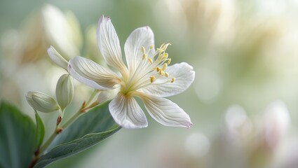 Delicate white flower blossoms with buds. Bokeh background, nature's beauty