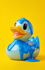 Pato de juguete azul con goteo de pintura sobre fondo amarillo.