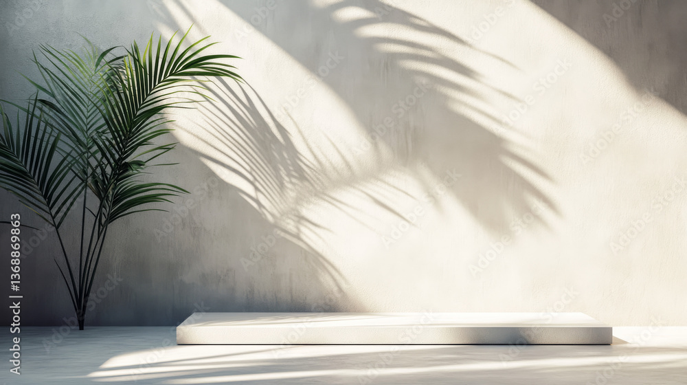 Poster a minimalist product display scene with soft palm shadows cast on a plaster wall, exuding a luxuriou