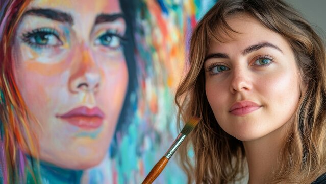 Creative Woman Holding Brush in Studio with Her Self Portrait Painting Colorful