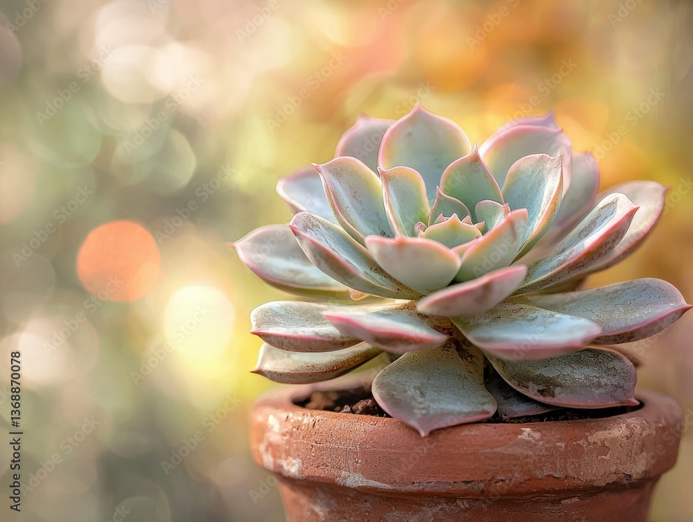 Poster a captivating close-up of a succulent in a terracotta pot, bathed in soft, bokeh-filled light create