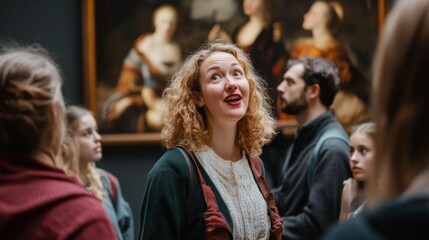 Fototapeta premium Curly Hair Woman Observing Painting in a Crowded Art Museum with Warm Lighting