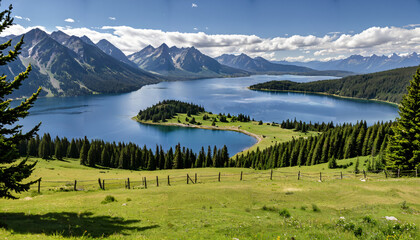 Obraz premium Le paysage idyllique d'un lac entouré de montagnes sous un ciel bleu clair avec quelques nuages blancs.