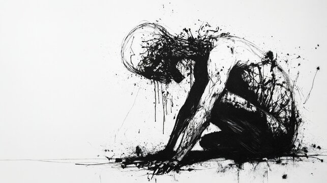 Una figura sentada, con la cabeza gacha, en un estilo de dibujo expresivo y abstracto con pinceladas y salpicaduras.