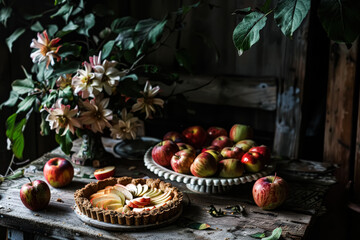Naklejka premium Table with a pie and apples on it. The pie is cut in half and has apples on top. The apples are on a white plate. The table is surrounded by flowers