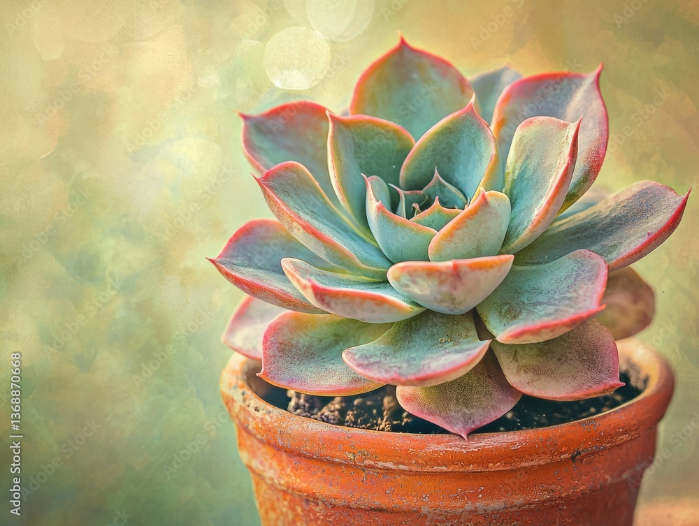 Poster a vibrant echeveria succulent in a terracotta pot, showcasing intricate leaf patterns and soft paste