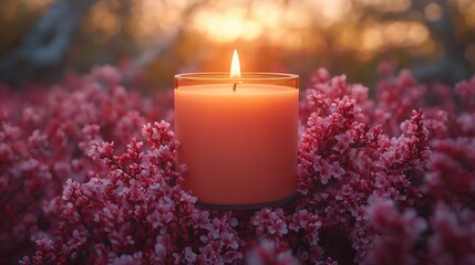 Una vela roja en un fondo de flores rosadas, con un ambiente c&aacute;lido y suave.