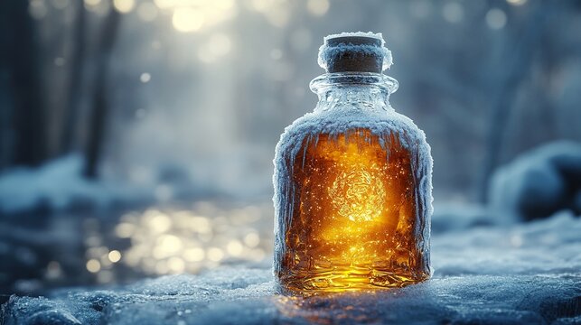 A glass bottle covered in frost, containing a shimmering golden elixir that moves like slow-flowing honey.