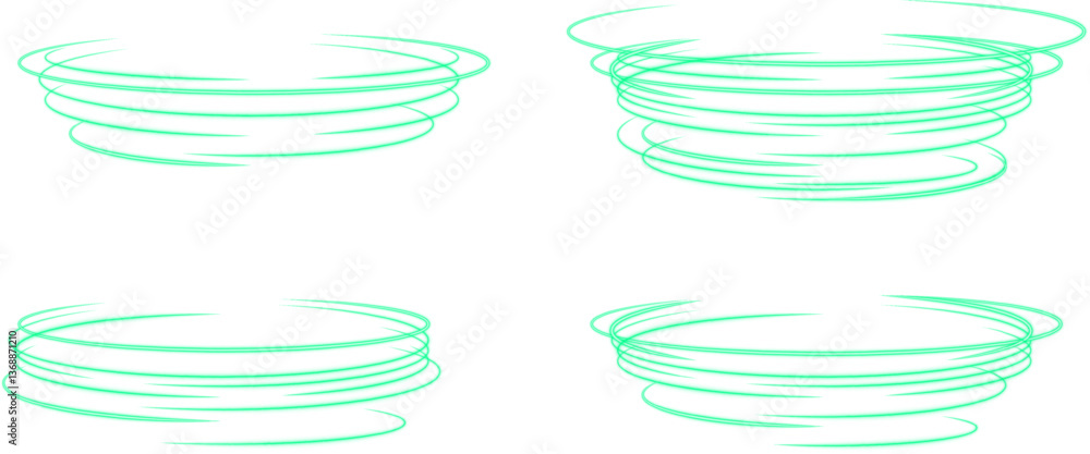 Poster Set of green neon swirl effects for motion and light speed design, ideal for dynamic elements.