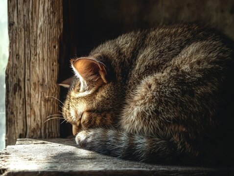 A tabby cat curled up asleep near a rustic wooden window, bathed in soft light, peaceful and calm.