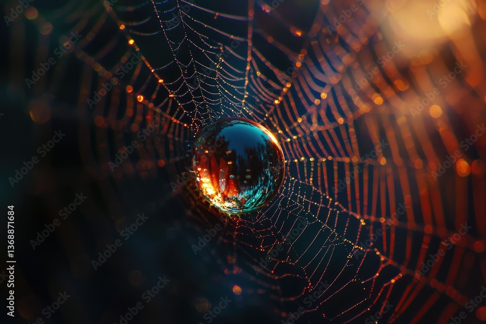 Poster a shimmering water droplet is captured in the web, reflecting warm light and intricate patterns of t