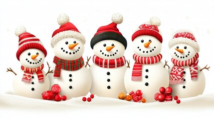 A transparent background showcases a snowman family constructing a snow-woman