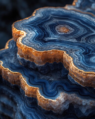 Fototapeta premium A mesmerizing agate slice reveals a stunning, layered world of blues and golds, showcasing intricate patterns within its volcanic origins.