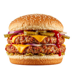 Delicious cheeseburger with extra pickles onions and ketchup on a fluffy bun Perfect for food enthusiasts and burger lovers