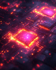 Fototapeta premium A mesmerizing, close-up view of a complex microchip reveals a vibrant, fiery landscape of glowing circuits and pathways.