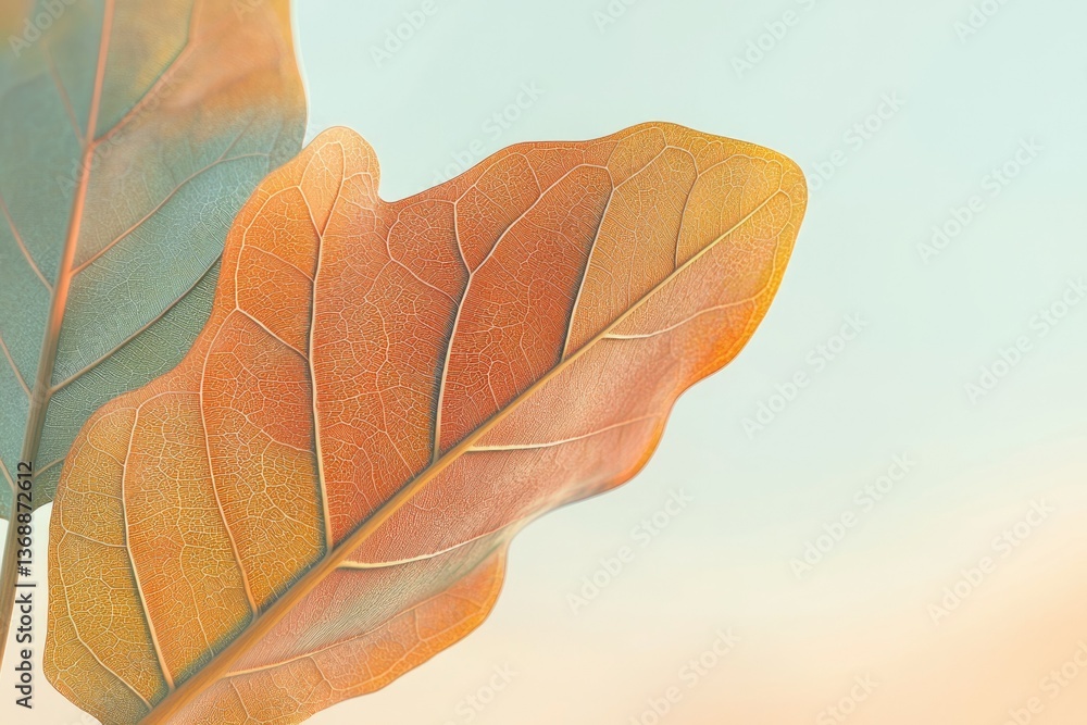 Poster close-up of two fiddle-leaf fig leaves showing their intricate vein patterns and warm, muted colors 