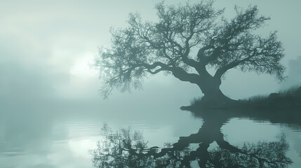 A windswept ancient oak with radiant branch tips, reflected in a calm pool under the faint gleam of. Radiant Faint. Illustration