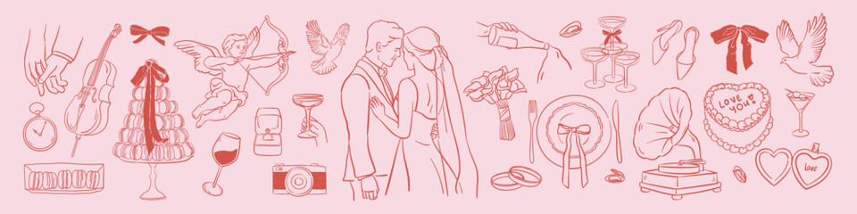 Italian wedding illustration set. Hand drawn ink romantic elements of groom, bride, newlyweds, cupid, cake, rings, champagne. Line art drawing in doodle sketch style. Elegant invitations for ceremony.