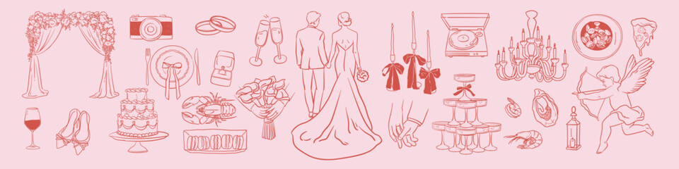 Italian wedding illustration set. Hand drawn ink romantic elements of groom, bride, newlyweds, cupid, cake, rings, champagne. Line art drawing in doodle sketch style. Elegant invitations for ceremony.