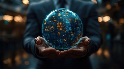 Fototapeta premium A futuristic corporate leader holding a digital holographic earth with sustainability analytics, showcasing carbon footprint reduction, recycling, and renewable energy growth.