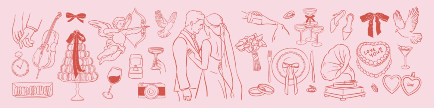 Italian wedding illustration set. Hand drawn ink romantic elements of groom, bride, newlyweds, cupid, cake, rings, champagne. Line art drawing in doodle sketch style. Elegant invitations for ceremony.