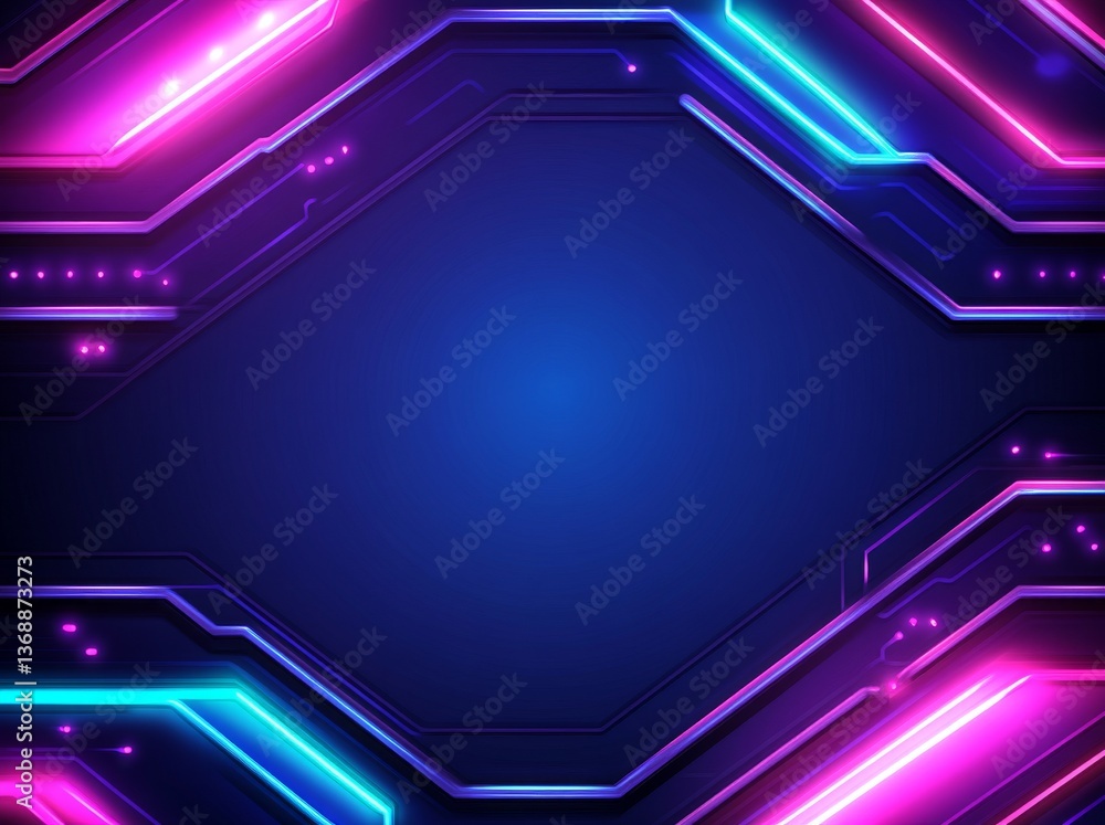 Poster a complex, detailed pattern of a high-tech circuit board, abstractly illustrated with glowing neon b