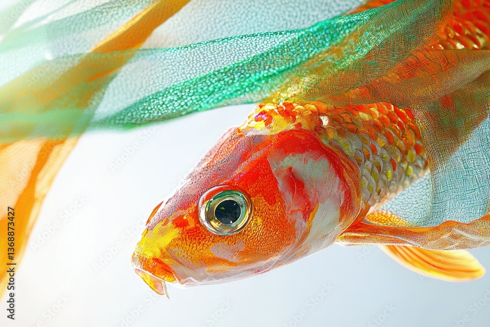 Poster a vibrant close-up of a goldfish with translucent fins, showcasing intricate scales and captivating 