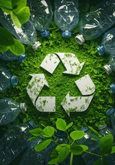 The recycling symbol surrounded by leaves and plastic bottles symbolizes caring for nature and reducing waste