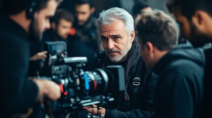 Film Crew Working on Set with Camera and Director in Dark Background and Natural Lighting