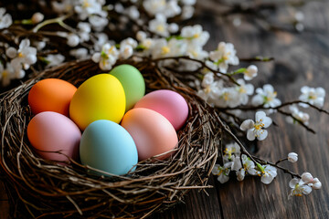 Obraz premium Easter festive basket bird nest with painted speckled eggs blooming willow branches spring light, Generative AI