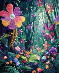 Whimsical fantasy forest with oversized flowers and playful cartoon creatures