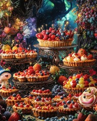Fototapeta premium Whimsical fruit tarts with vibrant berries in enchanted forest fantasy illustration