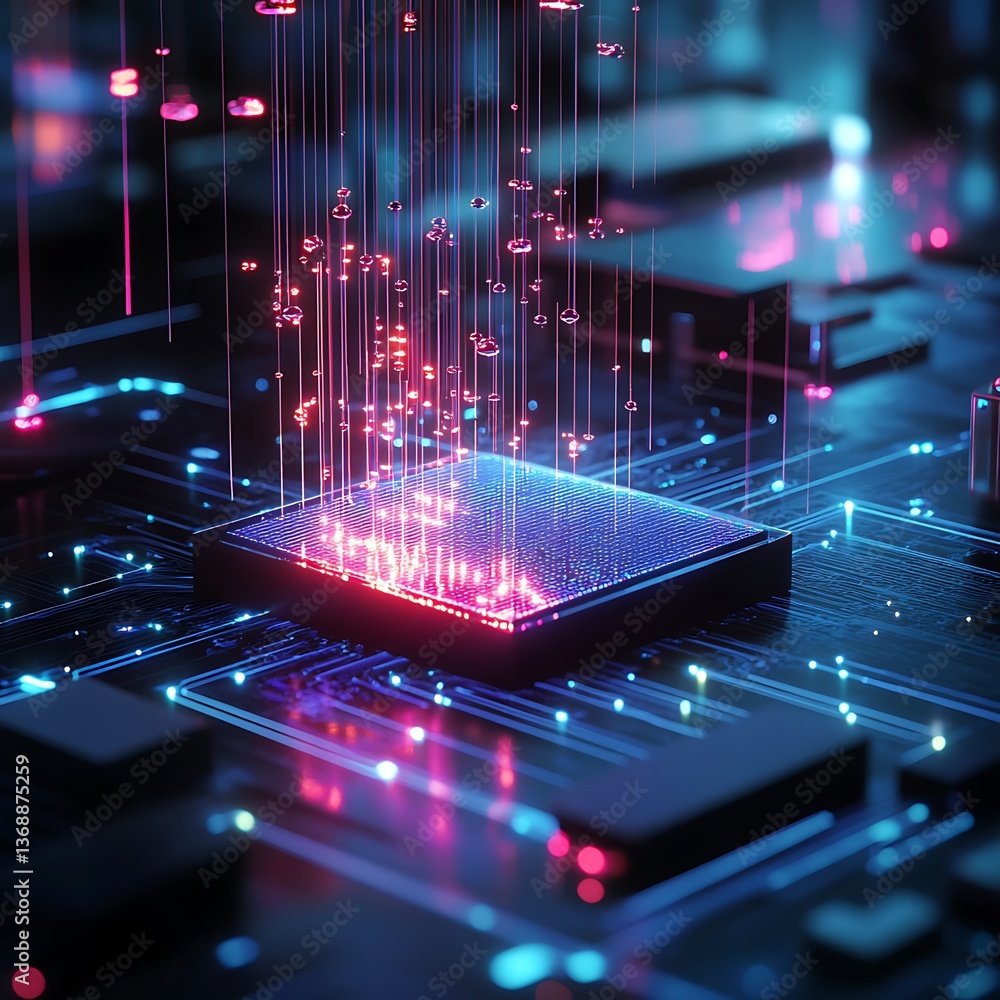 Poster high-tech processor with data flow. detailed circuit board with glowing components and cascading dat