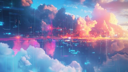 Obraz premium Futuristic Cityscape Reflected in Dreamlike Clouds Digital Art, Neon Lights, Fantasy Background