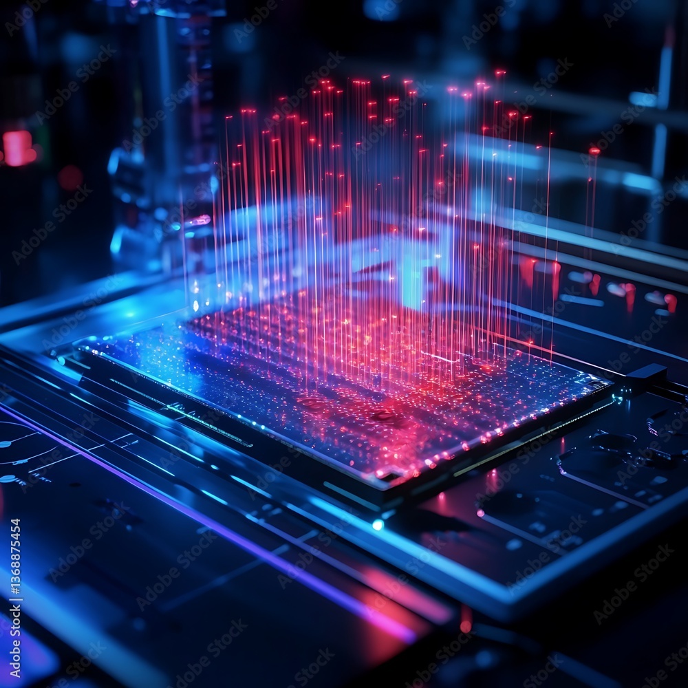 Poster advanced circuit board with glowing data streams