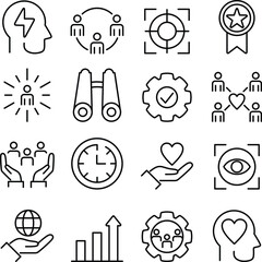 Core Value icon set. Includes of teamwork, innovation, excellence, leadership, and More. Outline icons vector collection