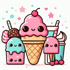 A cartoonish drawing of a pink ice cream cone with a cherry on top
