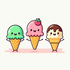 Three cartoon ice cream cones are standing in a row