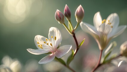 Obraz premium Delicate white spring blooms with pink buds and sunlit petals