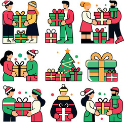 A bright collection of Christmas stickers featuring people exchanging gifts, festive trees, and wrapped presents with bows. 