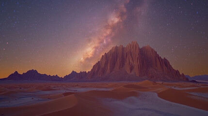 Obraz premium A majestic mountain range dominates the foreground, bathed in the warm glow of the twilight sky.