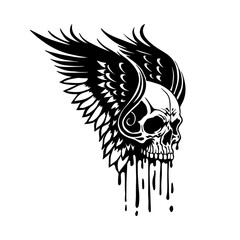 Black and white winged skull dripping ink. 