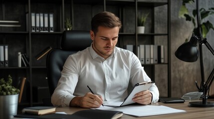 Fototapeta premium Focused Young Man Taking Notes at Office Desk with Business Documents and Lamp