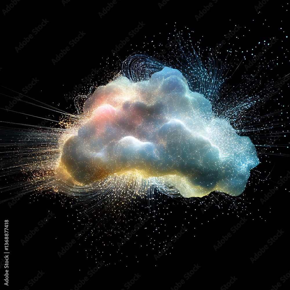 Poster abstract cloud-like form, digital art, vibrant colors, exploding data