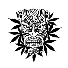 Tribal tiki mask with intricate patterns and cannabis leaves