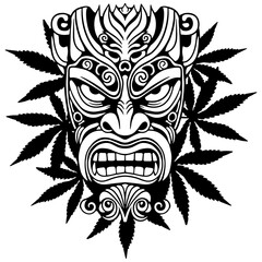 Tribal tiki mask with intricate patterns and cannabis leaves